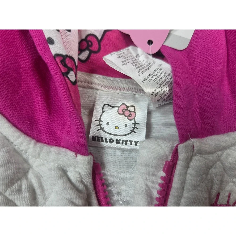 Hello Kitty Girls Quilted Zip Up Hoodie Jacket Grey Pink Black XS 4/5 New NWT